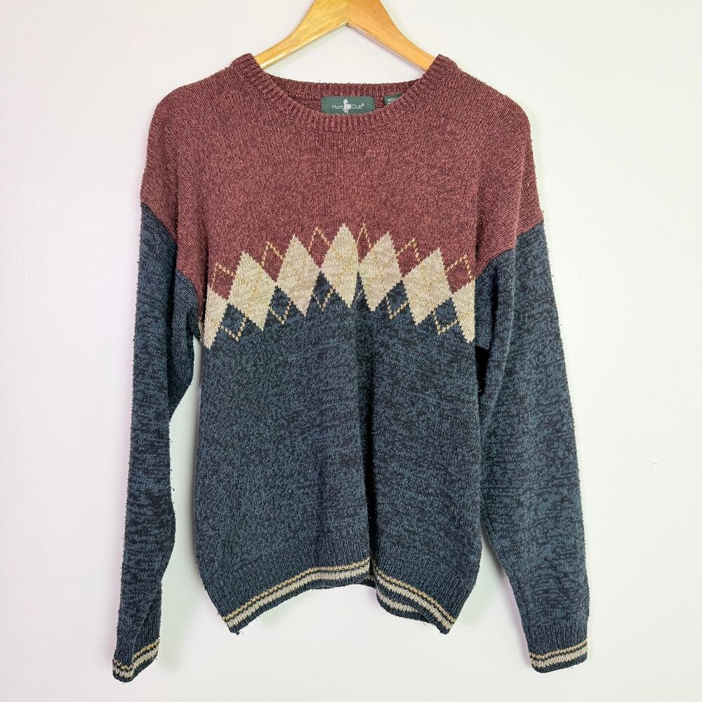 Vintage 90s Hunt Club Argyle Crewneck Sweater Men's Med Silk Cotton Grandpacore - Picture 3 of 11